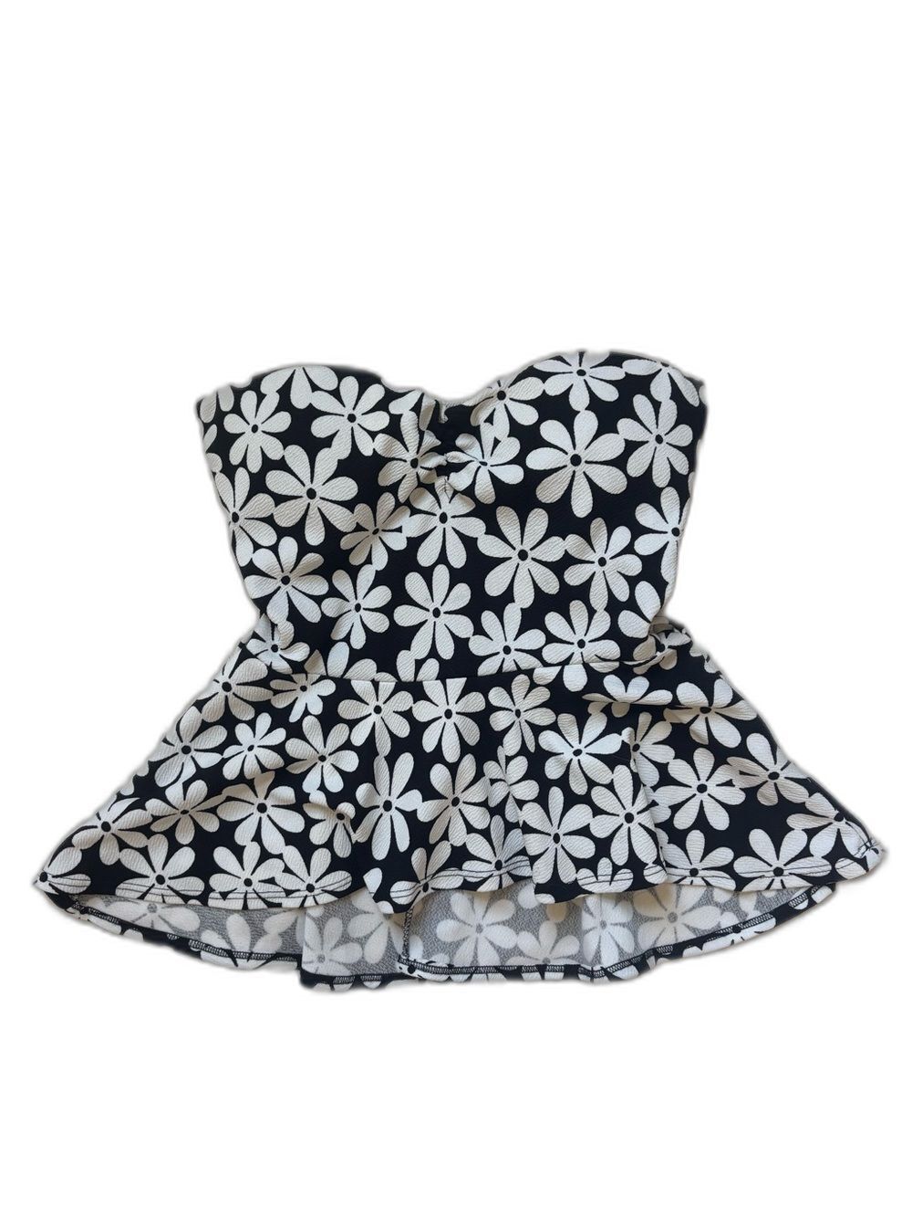 Vintage Y2K Strapless Black & White Daisy Peplum Top